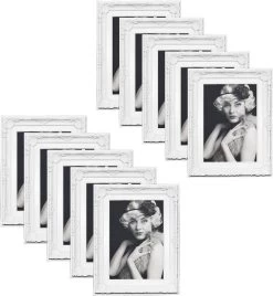10er Set Bilderrahmen Kunststoff, Mit Plexiglas, Weiß Barock, Mit Ständer