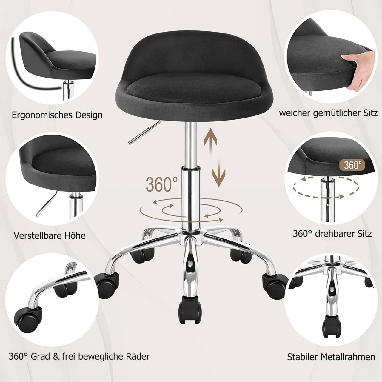 2X Bürohocker Mit Rollen Drehhocker Höhenverstellbar Sitzhöhe 43-54,5 Cm 4 2X Bürohocker Mit Rollen Drehhocker Höhenverstellbar Sitzhöhe 43-54,5 Cm – Bild 4