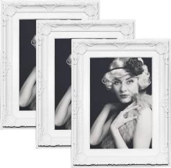 3er Set Bilderrahmen Kunststoff, Mit Plexiglas, Weiß Barock, Mit Ständer