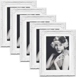5er Set Bilderrahmen Kunststoff, Mit Plexiglas, Weiß Barock, Mit Ständer
