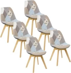 6er Set Esszimmerstuhl Design Stuhl Leinen Küchenstuhl Holz Patchwork