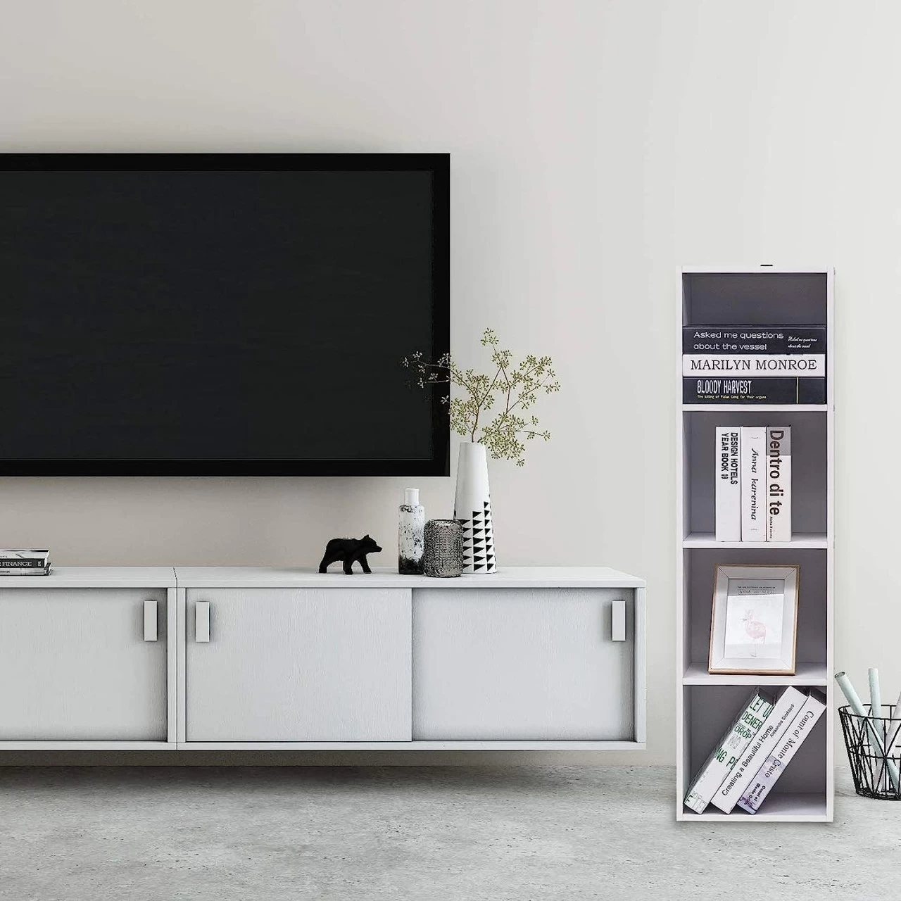 Bücherregal Mit 4 Fächern, Würfelregal Weiß, Standregal, Aus Holzwerkstoff 2 Bücherregal Mit 4 Fächern, Würfelregal Weiß, Standregal, Aus Holzwerkstoff – Bild 2