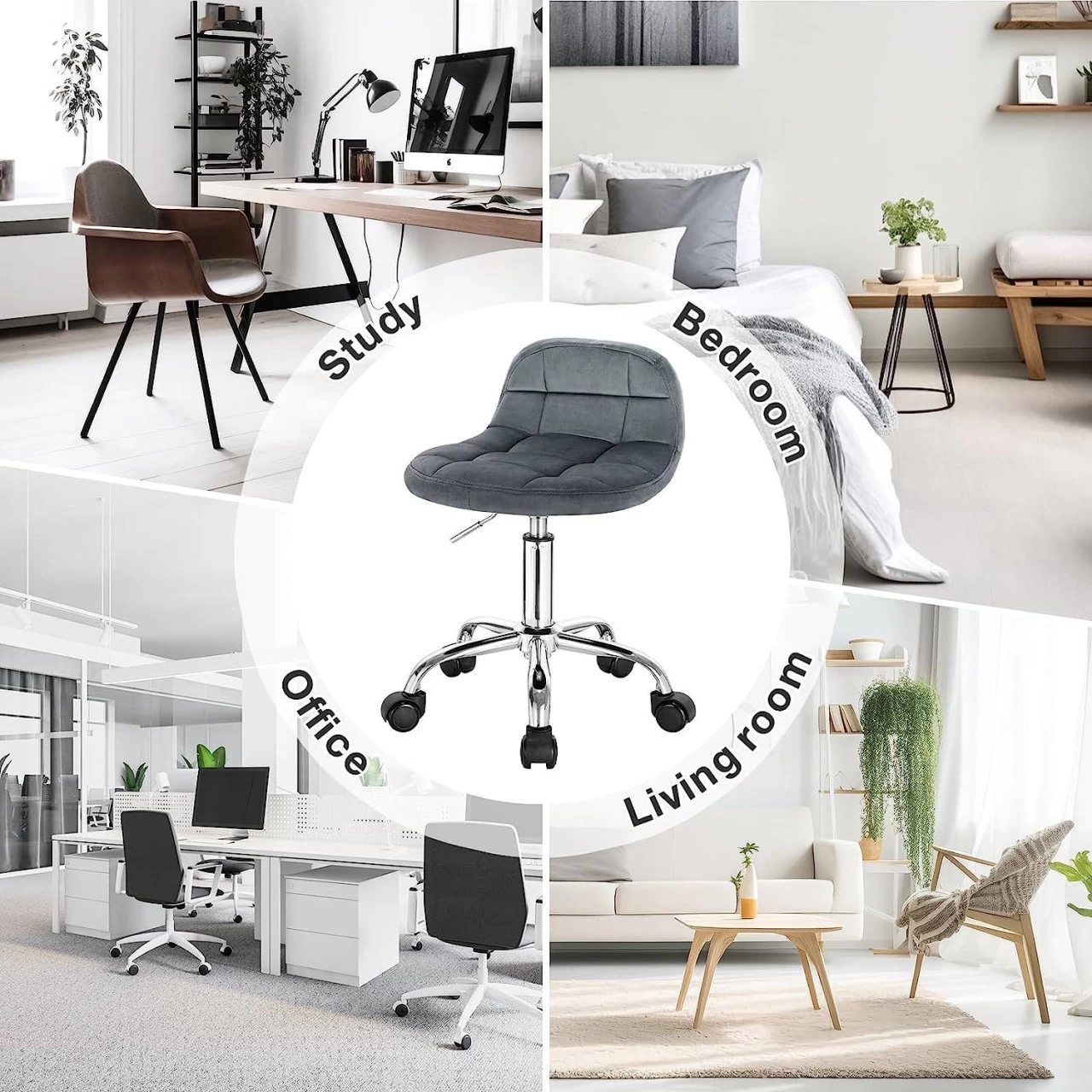 Bürohocker Mit Rollen, Mit Niedriger Rückenlehne, Höhenverstellbar, Samt 6 Bürohocker Mit Rollen, Mit Niedriger Rückenlehne, Höhenverstellbar, Samt – Bild 6