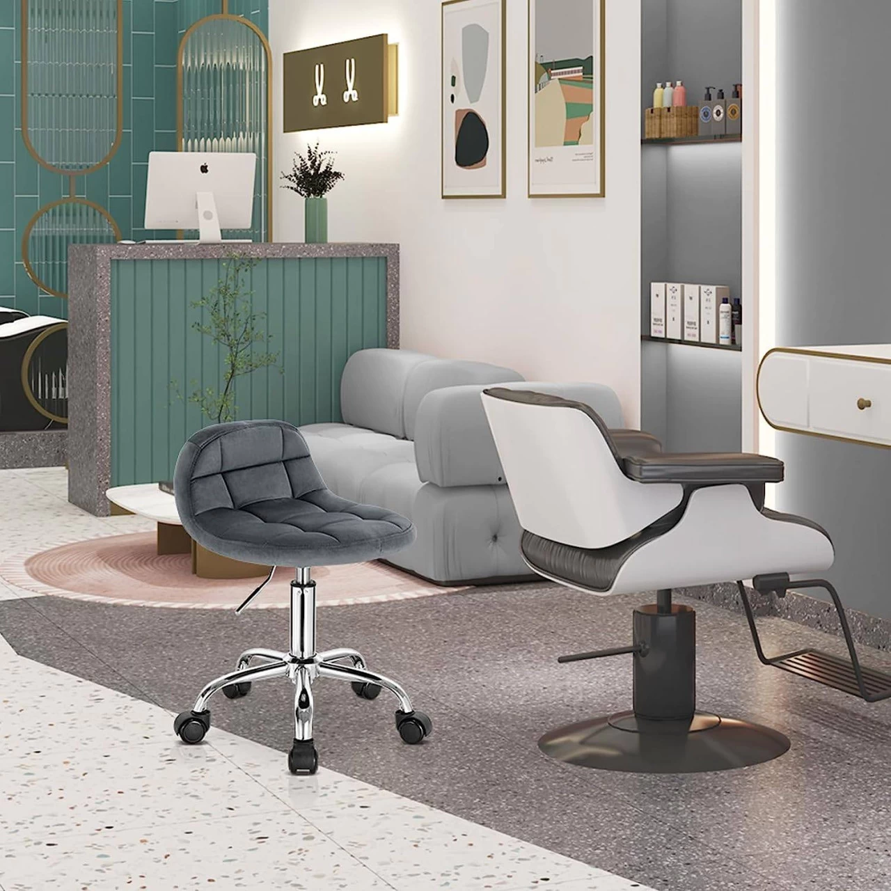 Bürohocker Mit Rollen, Mit Niedriger Rückenlehne, Höhenverstellbar, Samt 7 Bürohocker Mit Rollen, Mit Niedriger Rückenlehne, Höhenverstellbar, Samt – Bild 7