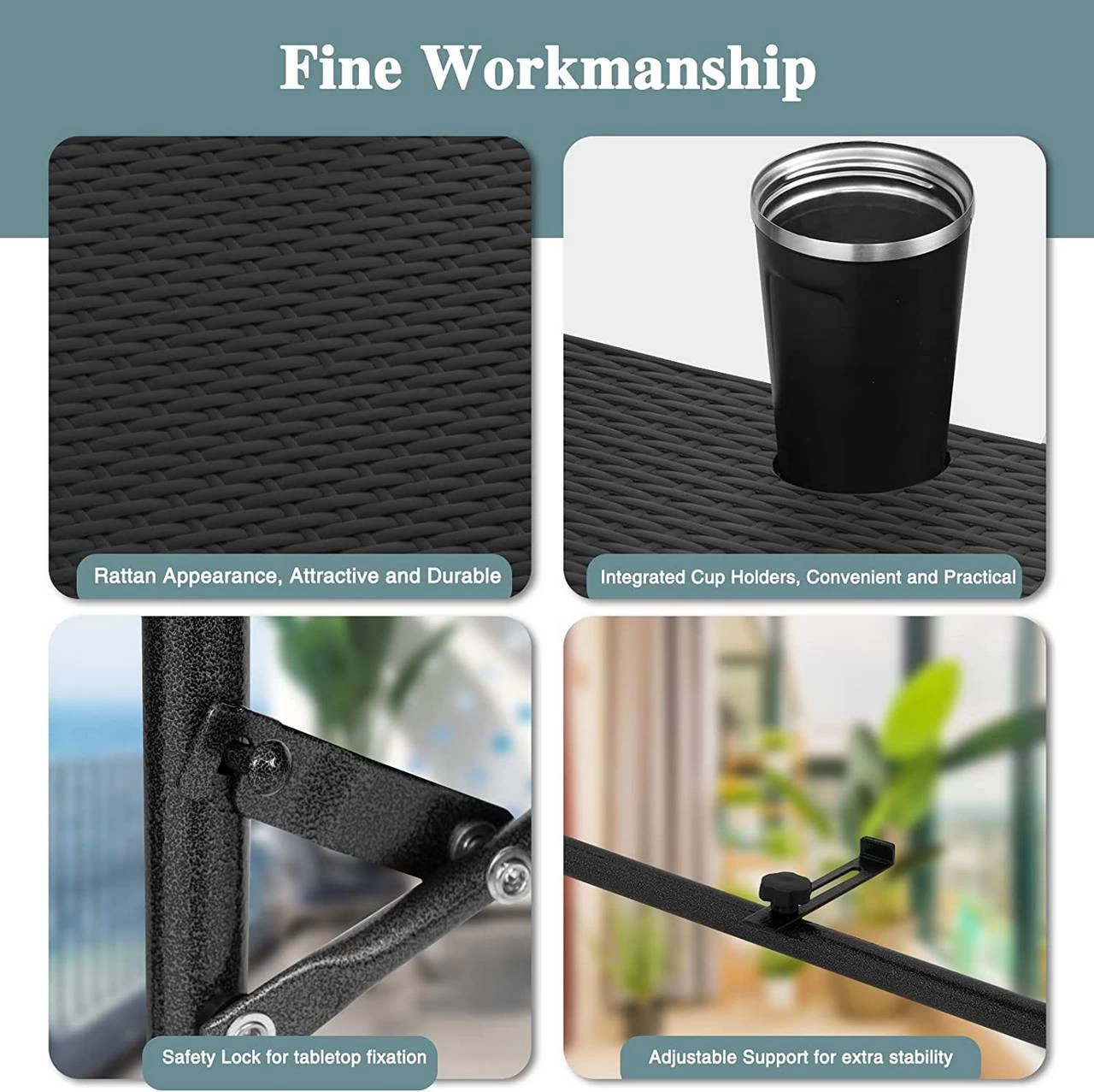 Balkonhängetisch, Balkontisch Zum Hängen, Klappbar, Mit 3 Höhen, Schwarz 5 Balkonhängetisch, Balkontisch Zum Hängen, Klappbar, Mit 3 Höhen, Schwarz – Bild 5