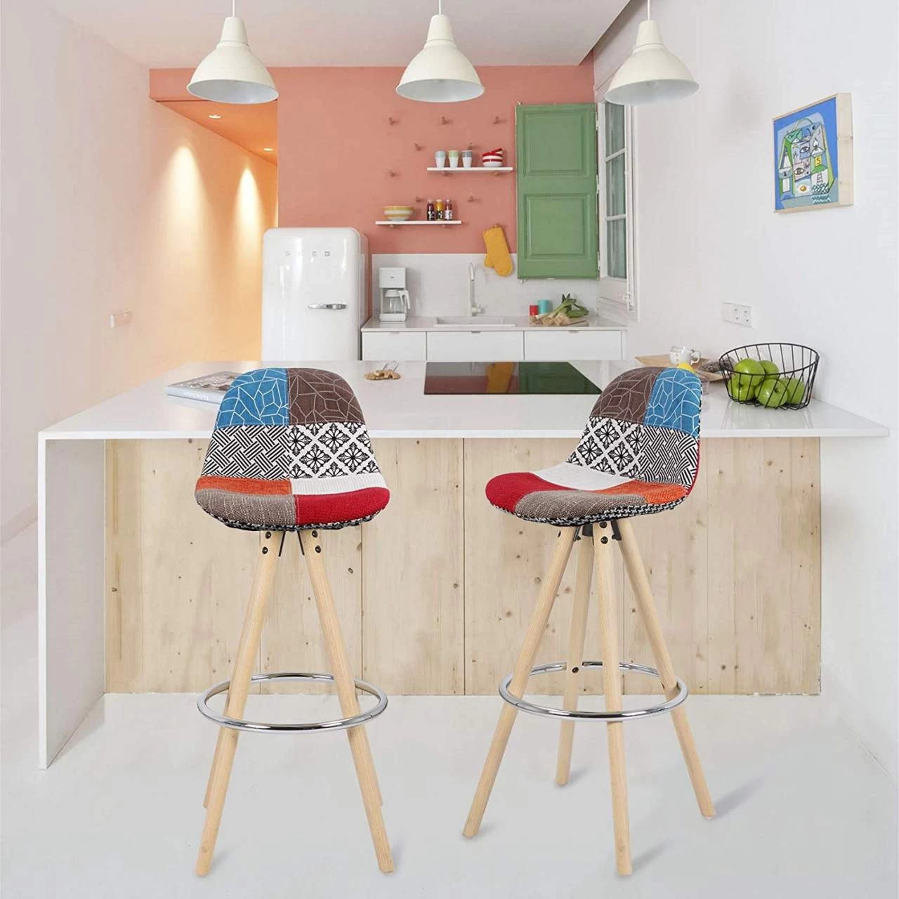 Barhocker 2er Set Barstuhl Aus Leinen Holzgestell Mit Lehne + Fußstütze 2 Barhocker 2er Set Barstuhl Aus Leinen Holzgestell Mit Lehne + Fußstütze – Bild 2