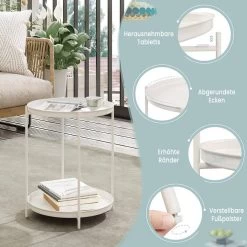 WOLTU Beistelltisch Rund, Couchtisch Mit Stauraum, 2 Abnehmbare Tabletts, Aus Metall -Möbel Store Beistelltisch rund Couchtisch Stauraum 2 abnehmbare Tabletts Metall W0ATT0377 Creme5 1280x1280