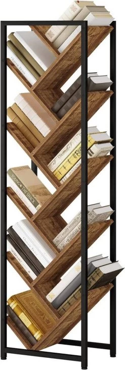 WOLTU Bücherregal Baumform, Standregal Mit 10 Ebenen, Aus Holzwerkstoff, Schwarz Helle Eiche