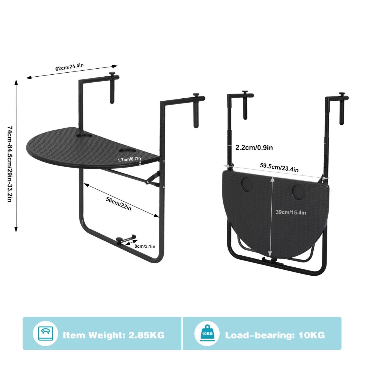 Balkonhängetisch, Balkontisch Zum Hängen, Klappbar, Mit 3 Höhen, Schwarz 3 Balkonhängetisch, Balkontisch Zum Hängen, Klappbar, Mit 3 Höhen, Schwarz – Bild 3