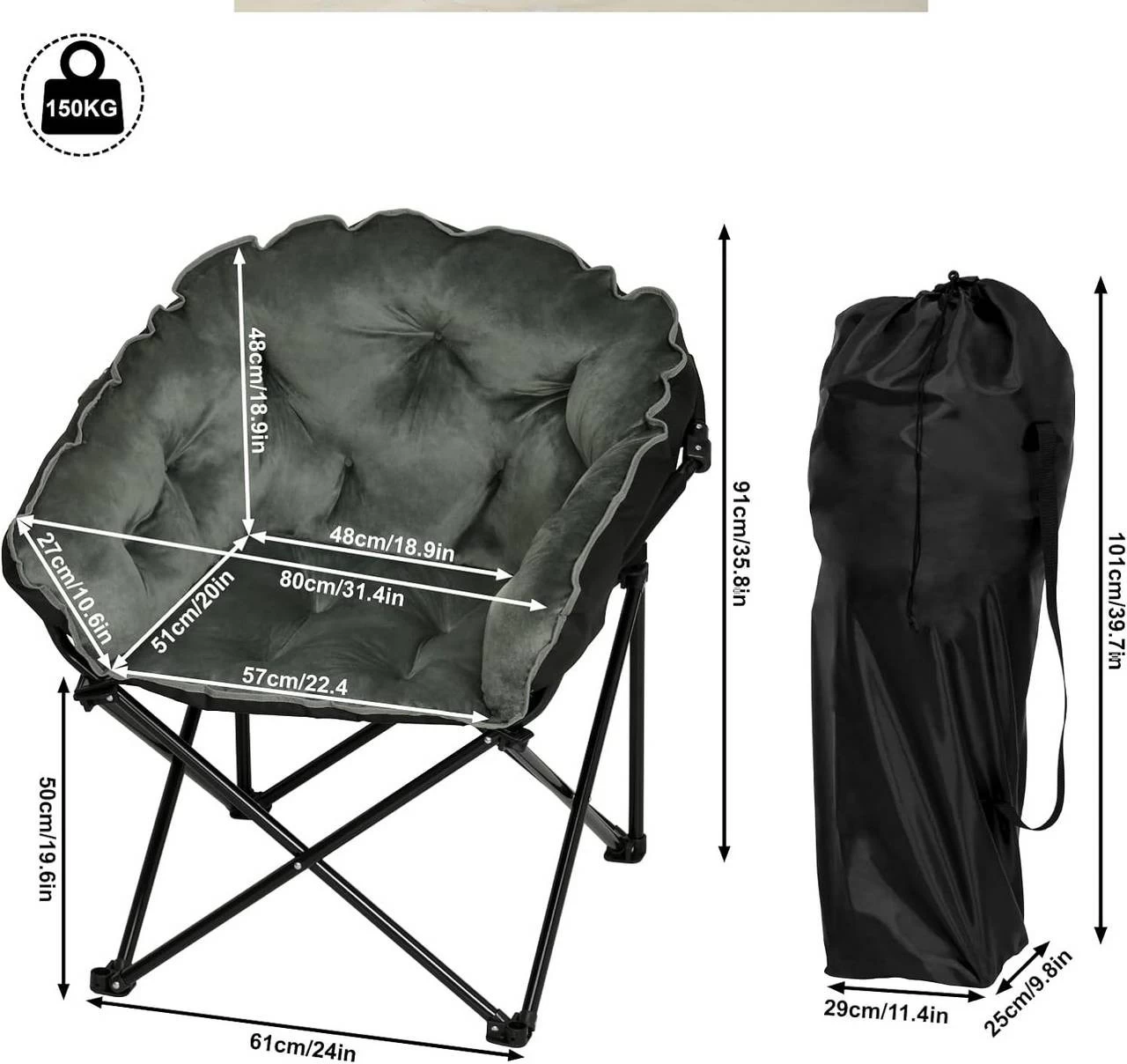 WOLTU Campingstuhl, Gepolstert, Samt Oxford-Gewebe, 150 Kg, Schwarz+Dunkelgrau 3 WOLTU Campingstuhl, Gepolstert, Samt Oxford-Gewebe, 150 Kg, Schwarz+Dunkelgrau – Bild 3