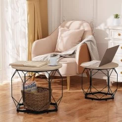 Couchtisch 2er Set, Mit Runder Tischplatte, Aus Holzwerkstoff Metall, Holzoptik -Möbel Store Couchtisch 2er Set mit runder Tischplatte aus Holzwerkstoff Metall Holzoptik BTS05hei Helle Eiche Schwarz4 1280x1280