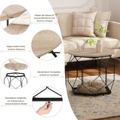 Couchtisch 2er Set, Mit Runder Tischplatte, Aus Holzwerkstoff Metall, Holzoptik -Möbel Store Couchtisch 2er Set mit runder Tischplatte aus Holzwerkstoff Metall Holzoptik BTS05hei Helle Eiche Schwarz7 1280x1280