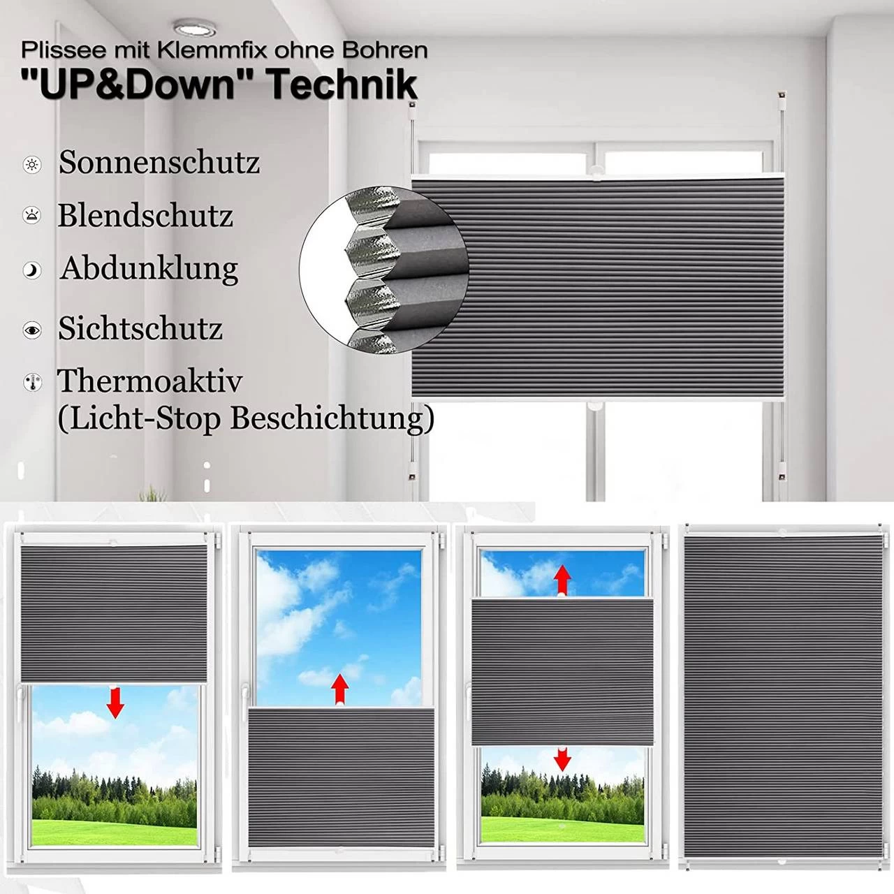 Doppelplissee Wabenplissees Ohne Bohren Mit Klemmträger Dunkelgrau-weiß 6 Doppelplissee Wabenplissees Ohne Bohren Mit Klemmträger Dunkelgrau-weiß – Bild 6