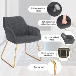 Esszimmerstuhl, Sessel, Polsterstuhl Küchenstuhl Mit Armlehnen, Samtbezug, Metallbeine, Max. 120 Kg -Möbel Store Esszimmerstuhl Sessel Polsterstuhl K chenstuhl mit Armlehnen Samtbezug Metallbeine max 120 kg BH333dgr 1 Dunkelgrau4 1280x1280