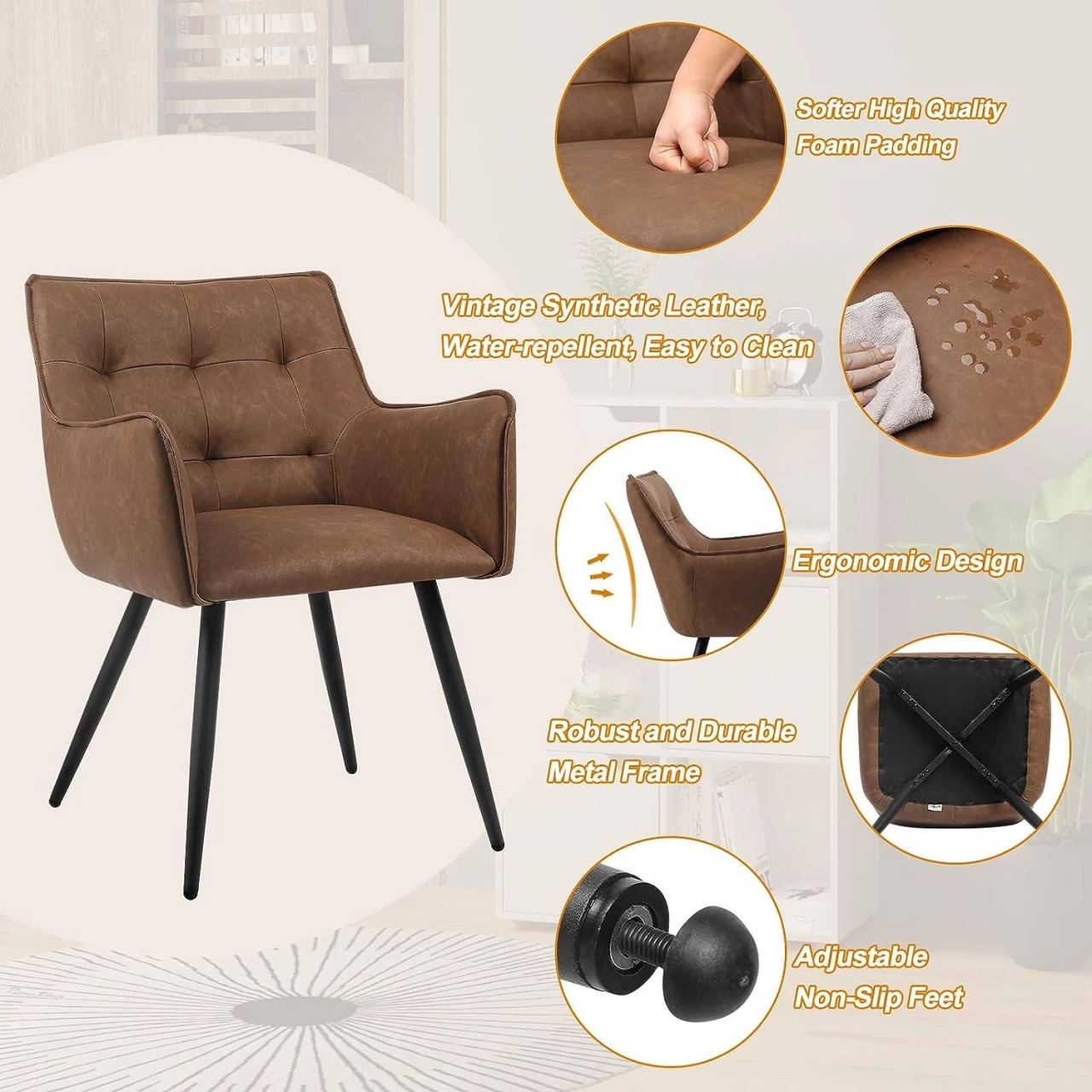 Esszimmerstühle 2er-Set, Mit Armlehnen Rückenlehne, Kunstlederbezug, Metallbeine 2 Esszimmerstühle 2er-Set, Mit Armlehnen Rückenlehne, Kunstlederbezug, Metallbeine – Bild 2