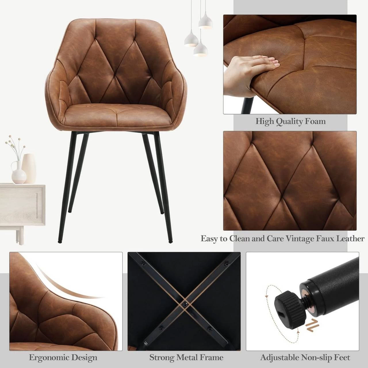 2er Set Esszimmerstühle, Ergonomischer Sessel, Aus Vintage-Kunstleder, Metallbeine 5 2er Set Esszimmerstühle, Ergonomischer Sessel, Aus Vintage-Kunstleder, Metallbeine – Bild 5