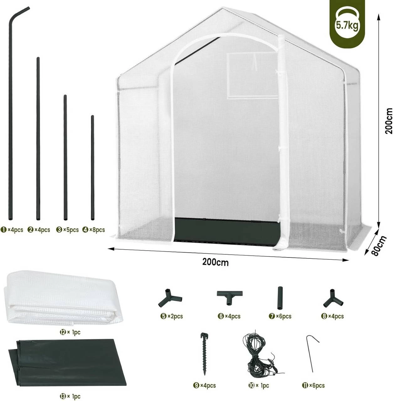 WOLTU Gewächshaus, Winterfest, Tür Fenster, 200x80x200cm, Aus Stahlrohr PE, Weiß 3 WOLTU Gewächshaus, Winterfest, Tür Fenster, 200x80x200cm, Aus Stahlrohr PE, Weiß – Bild 3