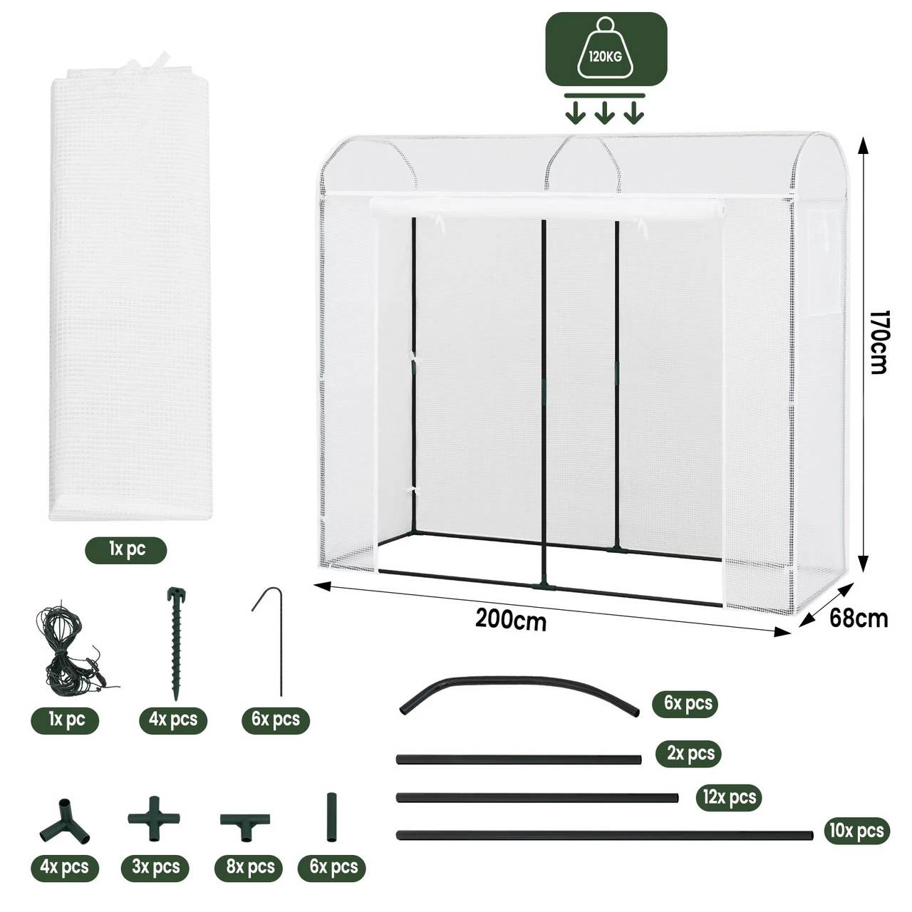 WOLTU Gewächshaus, Winterfest, Mit Tür 2 Fenstern, Stahlrohr PE, 170x68x200cm, Weiß 3 WOLTU Gewächshaus, Winterfest, Mit Tür 2 Fenstern, Stahlrohr PE, 170x68x200cm, Weiß – Bild 3
