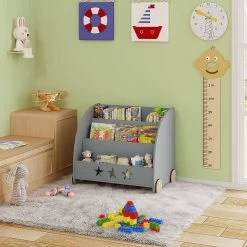 Kinderregal Für Bücher Mit Rollen Aus Holz -Möbel Store Kinderregal fuer Buecher mit Rollen aus Holz KR002gr grau2 1280x1280