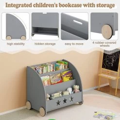 Kinderregal Für Bücher Mit Rollen Aus Holz -Möbel Store Kinderregal fuer Buecher mit Rollen aus Holz KR002gr grau3 1280x1280
