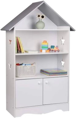 Kinderregal Für Bücher Mit Türen, Sterne & Dach Weiß-grau -Möbel Store Kinderregal mit Abschliessbarer Tuer Holz weiss grau4 1280x1280