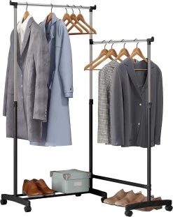 Kleiderständer Mit Rollen, Mit Schuhablage, 2 Kleiderstangen 1 Höhenverstellbar, L-förmig
