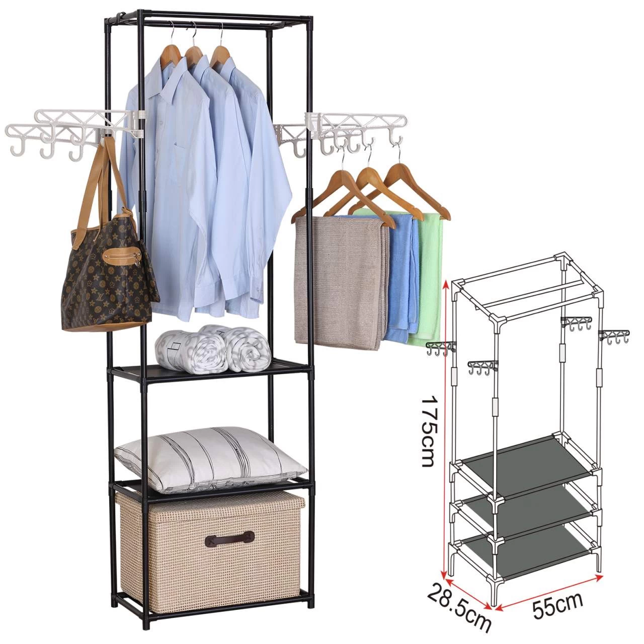 Kleiderständer Mit Ablage Haken Kleiderstange Garderobenständer, Schwarz 7 Kleiderständer Mit Ablage Haken Kleiderstange Garderobenständer, Schwarz – Bild 7