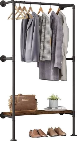Kleiderstange Industrial Schwarz, Garderobenständer Für Wandmontage, Aus Metallrohren MDF