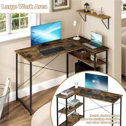 Klihome Schreibtisch L Form, Computertisch Mit Regal, Stauraum, Holzwerkstoff Metall -Möbel Store Klihome Schreibtisch L Form Computertisch mit Regal Stauraum Holzwerkstoff Metall W0ETT0182 Vintage Braun4 1280x1280