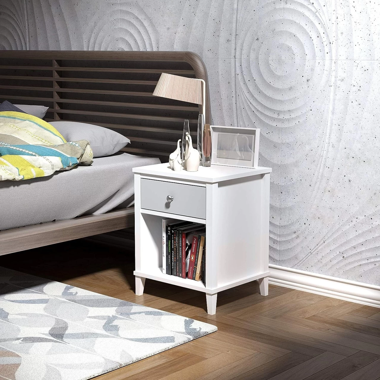 Nachttisch Beistelltisch Sofatisch, Mit Schublade Und Offenem Fach Weiß 2 Nachttisch Beistelltisch Sofatisch, Mit Schublade Und Offenem Fach Weiß – Bild 2