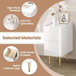 WOLTU Nachttisch Mit 2 Schubladen, Hochglanz, Holz PVC+Metall -Möbel Store Nachttisch mit 2 Schubladen Hochglanz Holz PVC Metall W0ETT0147 25cm Weiss Golden5 1280x1280
