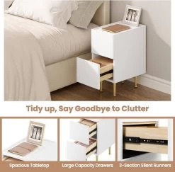 WOLTU Nachttisch Mit 2 Schubladen, Hochglanz, Holz PVC+Metall -Möbel Store Nachttisch mit 2 Schubladen Hochglanz Holz PVC Metall W0ETT0147 25cm Weiss Golden6 1280x1280