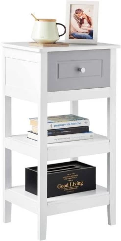 Nachttisch Schmal Mit Schubladen Und 2 Ablagen, Für Wohnzimmer, Holz Weiß -Möbel Store Nachttisch mit Schublade und 2 Ablagen aus MDF TS118ws weiss4 1280x1280