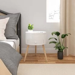 Nachttisch Runde Beistelltisch Mit Schublade Nachtschrank Aus MDF Weiß -Möbel Store Nachttisch runde Beistelltisch Nachtkommode mit Schublade Nachtschrank aus MDF TS155ws weiss3 1280x1280