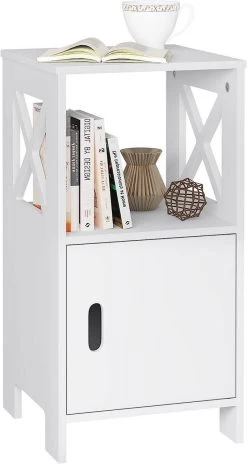Nachttisch Schmal Weiß, Mit 1 Offenem Fach Und 1 Fach Mit Tür, 30x60x30 Cm, Modern