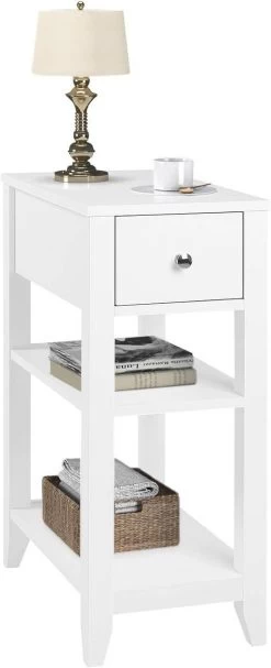 WOLTU Nachttisch Schmal, Mit Schublade, 2 Offenen Ablagen, 45x66x28 Cm, Weiß