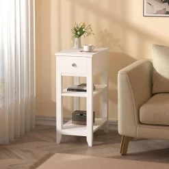 WOLTU Nachttisch Schmal, Mit Schublade, 2 Offenen Ablagen, 45x66x28 Cm, Weiß -Möbel Store Nachttisch schmal mit Schublade 2 offenen Ablagen 45x66x28 cm W0ETT0075 weiss2 1280x1280