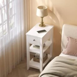 WOLTU Nachttisch Schmal, Mit Schublade, 2 Offenen Ablagen, 45x66x28 Cm, Weiß -Möbel Store Nachttisch schmal mit Schublade 2 offenen Ablagen 45x66x28 cm W0ETT0075 weiss8 1280x1280