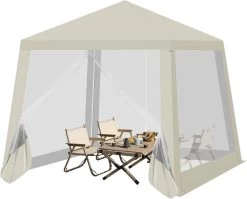 WOLTU Pavillon 3x3 M, Mit Seitenwänden Moskitonetz, Metall, Partyzelt, Beige