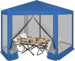 WOLTU Pavillon 3,8x3,3 M Sechseckig, Mit Seitenwänden Moskitonetz, Metall, Blau