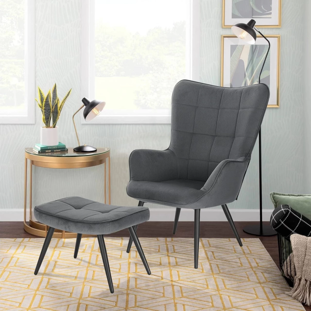 Relaxsessel Lehnstühle Vintage Retro Sessel Polstersessel Mit Hocker, Cordsamt – Bild 4