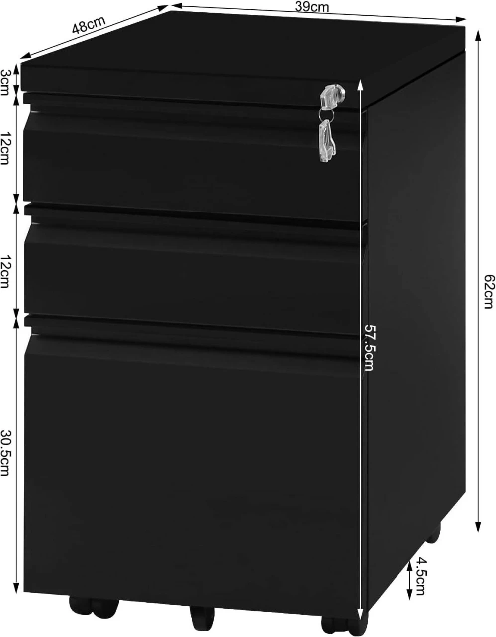 Rollcontainer, Aktenschrank Mit 3 Schubladen, 39x62x48 Cm 3 Rollcontainer, Aktenschrank Mit 3 Schubladen, 39x62x48 Cm – Bild 3