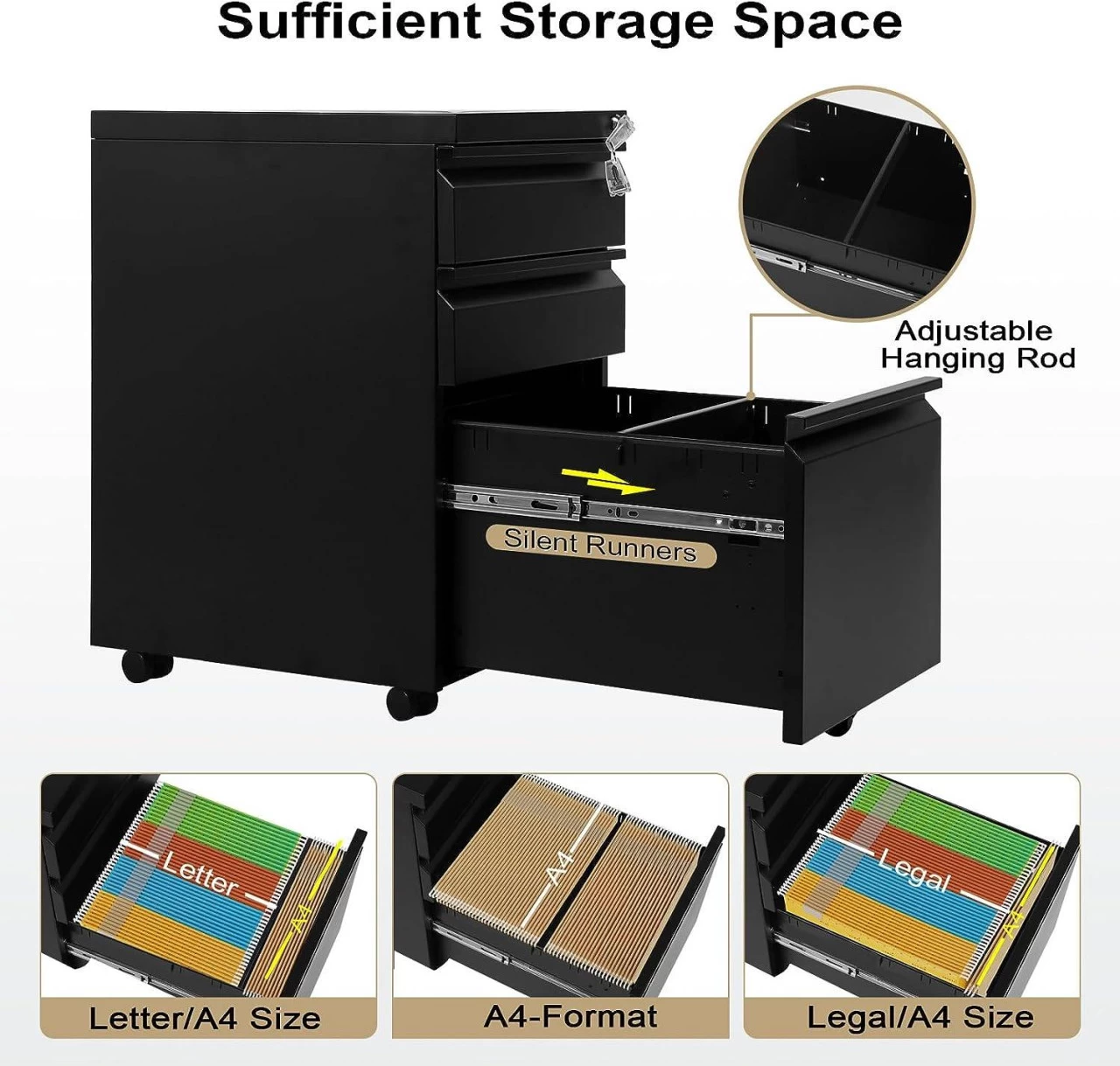 Rollcontainer, Aktenschrank Mit 3 Schubladen, 39x62x48 Cm 6 Rollcontainer, Aktenschrank Mit 3 Schubladen, 39x62x48 Cm – Bild 6