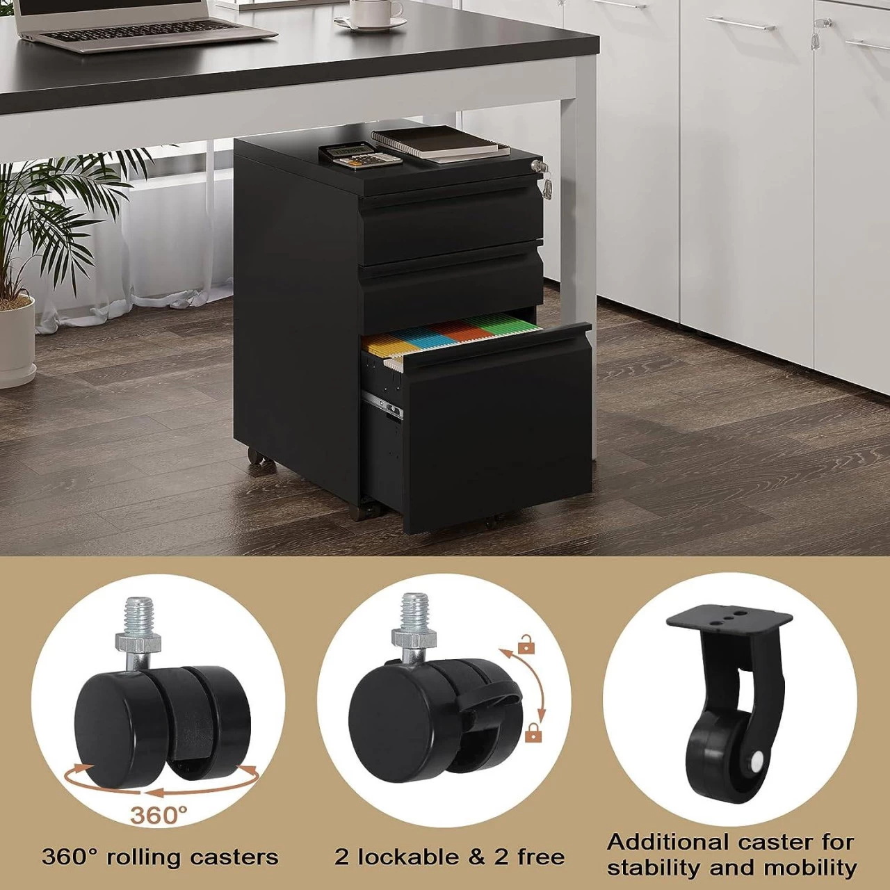 Rollcontainer, Aktenschrank Mit 3 Schubladen, 39x62x48 Cm 8 Rollcontainer, Aktenschrank Mit 3 Schubladen, 39x62x48 Cm – Bild 8