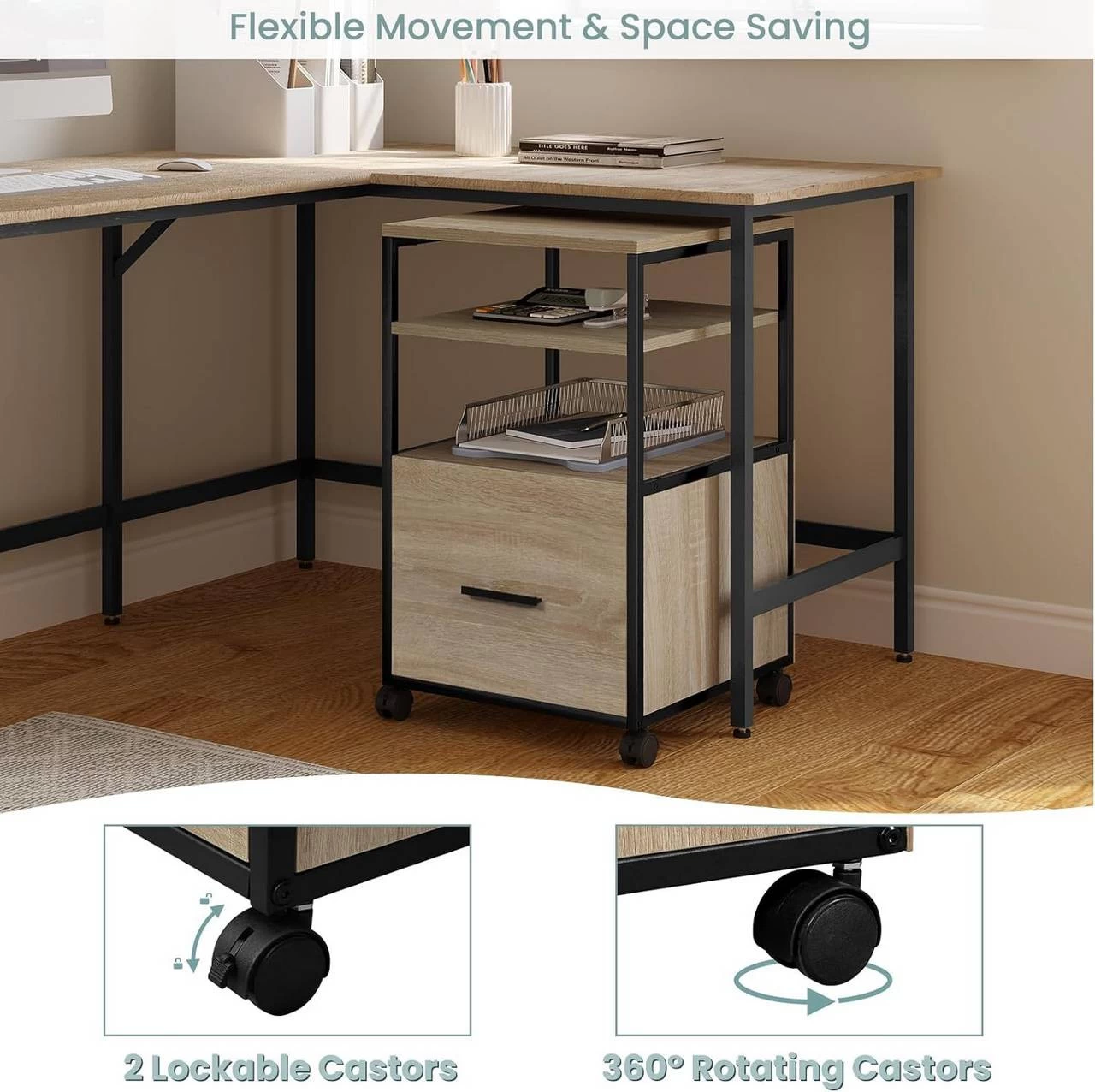 WOLTU Rollcontainer, Mobiler Aktenschrank Mit 1 Schublade 2 Offenen Fächern 6 WOLTU Rollcontainer, Mobiler Aktenschrank Mit 1 Schublade 2 Offenen Fächern – Bild 6