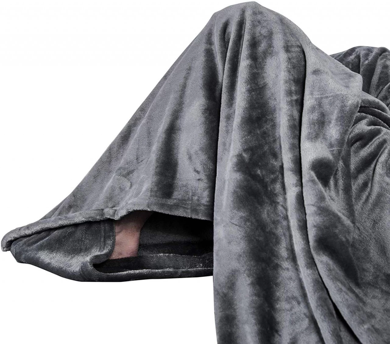 Samtweiche TV-Decke Mit Ärmel Fußsack Und 2 Taschen Grau 3 Samtweiche TV-Decke Mit Ärmel Fußsack Und 2 Taschen Grau – Bild 3