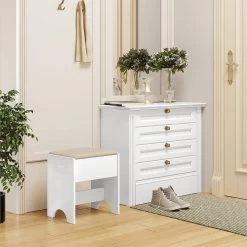 Schminkhocker, Sitzhocker Mit Leinenbezug, 150 Kg Belastbar, Aus Holz, Weiß Beige -Möbel Store Schminkhocke Sitzhocker mit Leinenbezug 150 kg belastbar aus Holz MB6098be Weiss Beige4 1280x1280