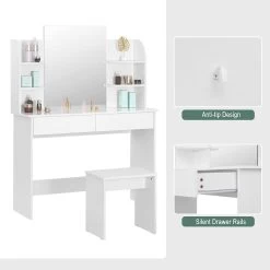 Schminktisch Kosmetiktisch Mit Hocker Und Spiegel, Hochglanz Tischplatte Weiß -Möbel Store Schminktisch Kosmetiktisch mit Hocker Spiegel Hochglanz Tischplatte 108x40x143cm MB6044ws Weiss3 1280x1280