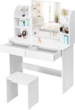 Schminktisch Kosmetiktisch Mit Hocker Und Spiegel, Hochglanz Tischplatte Weiß -Möbel Store Schminktisch Kosmetiktisch mit Hocker Spiegel Hochglanz Tischplatte 108x40x143cm MB6044ws Weiss6 1280x1280