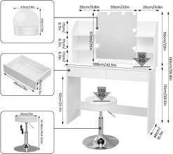 Schminktisch Mit LED-Beleuchtung Und Hocker, Frisiertisch, 108x40x142cm, Aus Holz, Weiß -Möbel Store Schminktisch LED Beleuchtung Hocker Frisiertisch aus Holz W0ETT0123 Weiss3 1280x1280